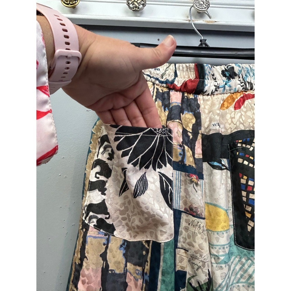 Womens Small Flowy Pants Multi Patchwork Wide Leg Silky Jacquard pockets - Picture 6 of 8
